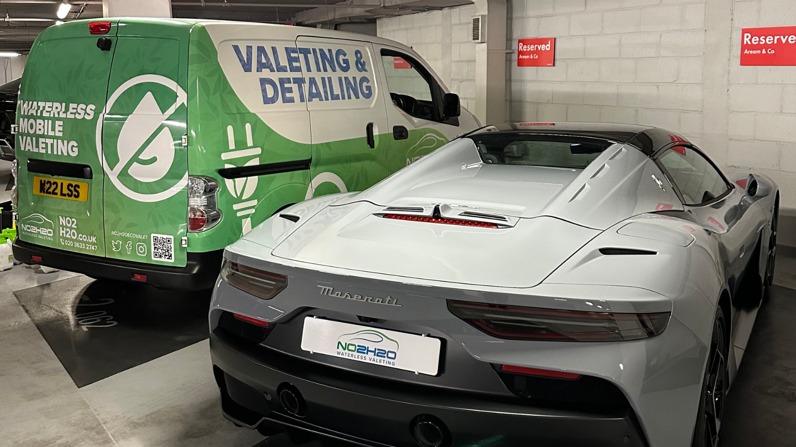 Grey Maserati MC20 detailed alongside the NO2H2O van in a London underground car park