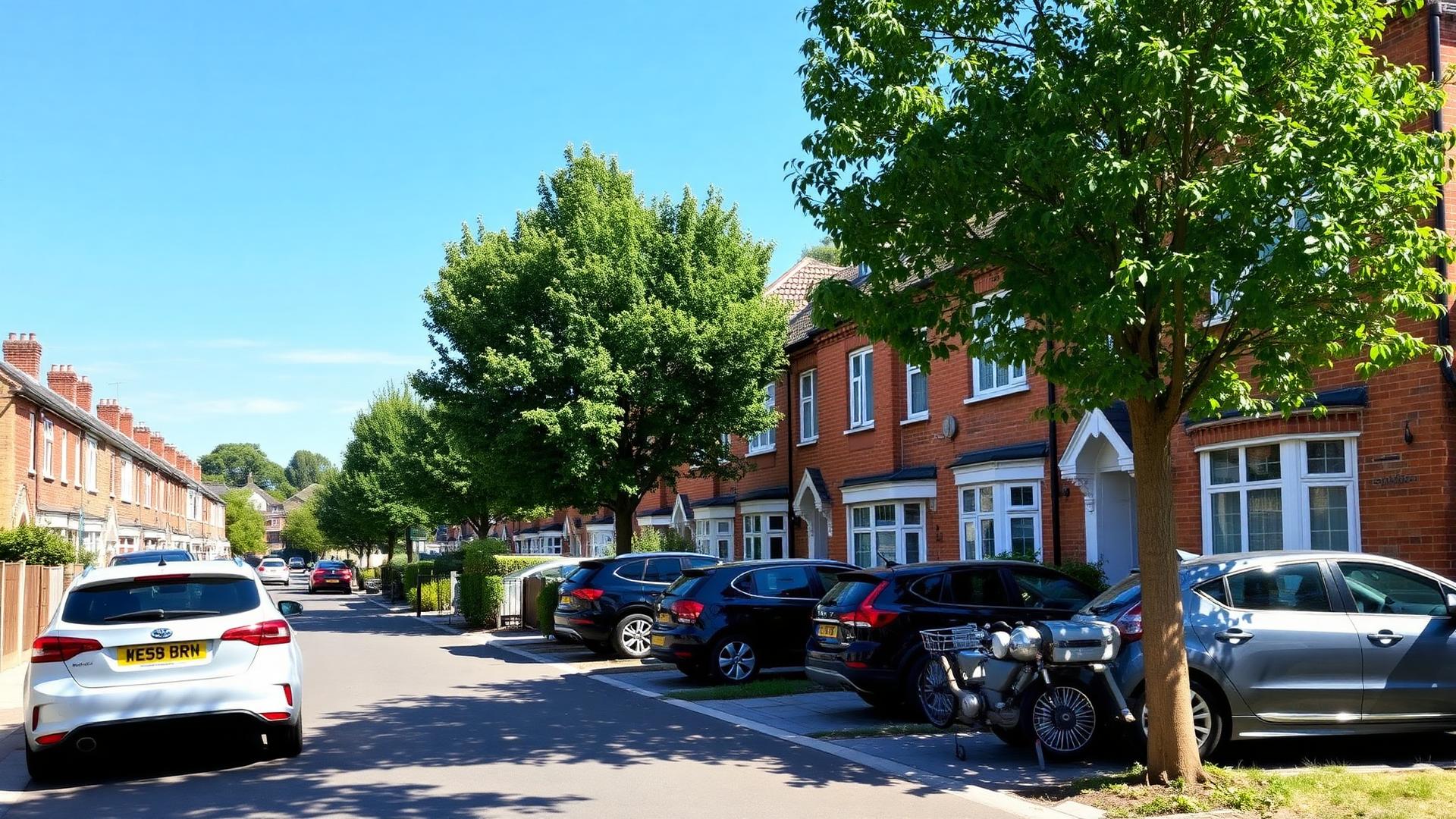Edwardian terraced street in Acton W3 with cars parked on driveways