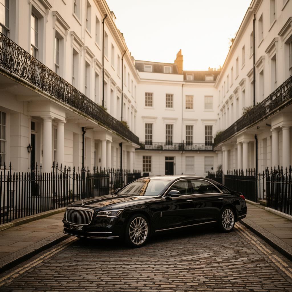 Glossy black luxury sedan parked on a Chelsea cobbled mews street at golden hour