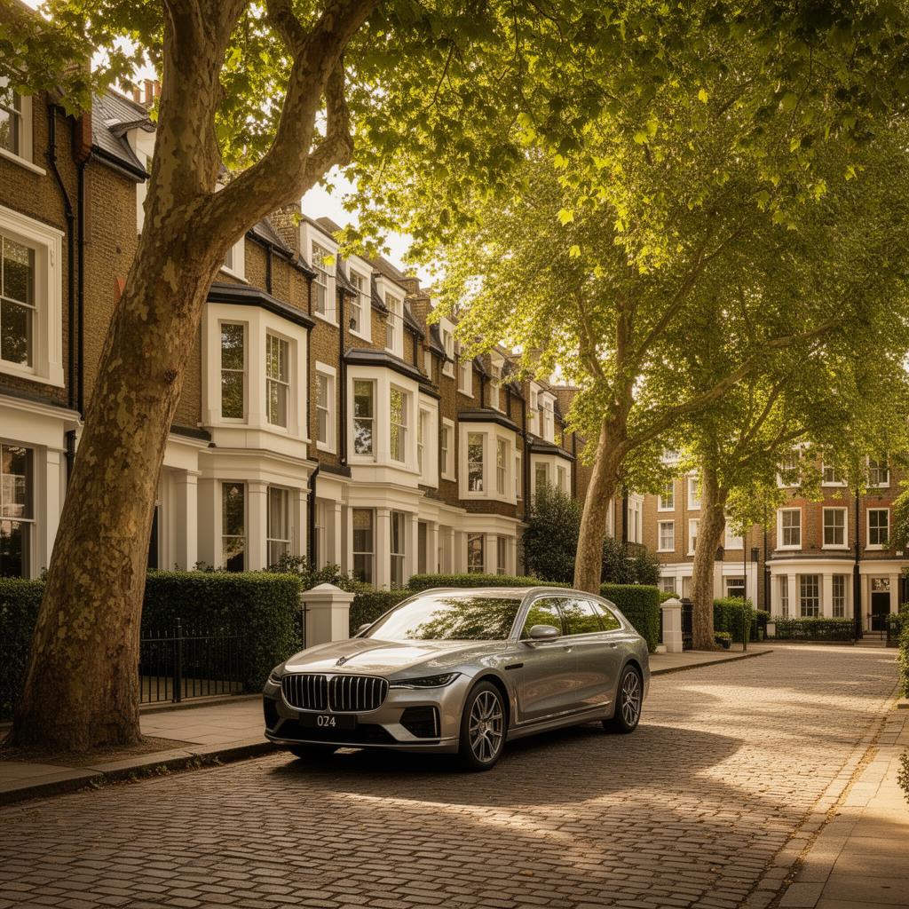 Leafy Edwardian terraced street in Chiswick W4 with a luxury car parked beneath plane trees