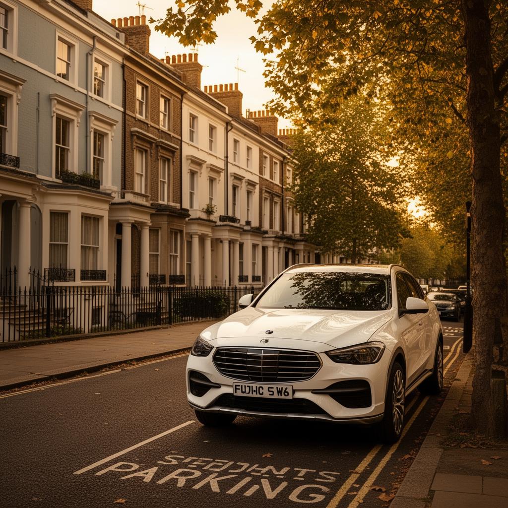 White luxury crossover SUV parked in a residents' parking bay on a tree-lined Fulham street at golden hour