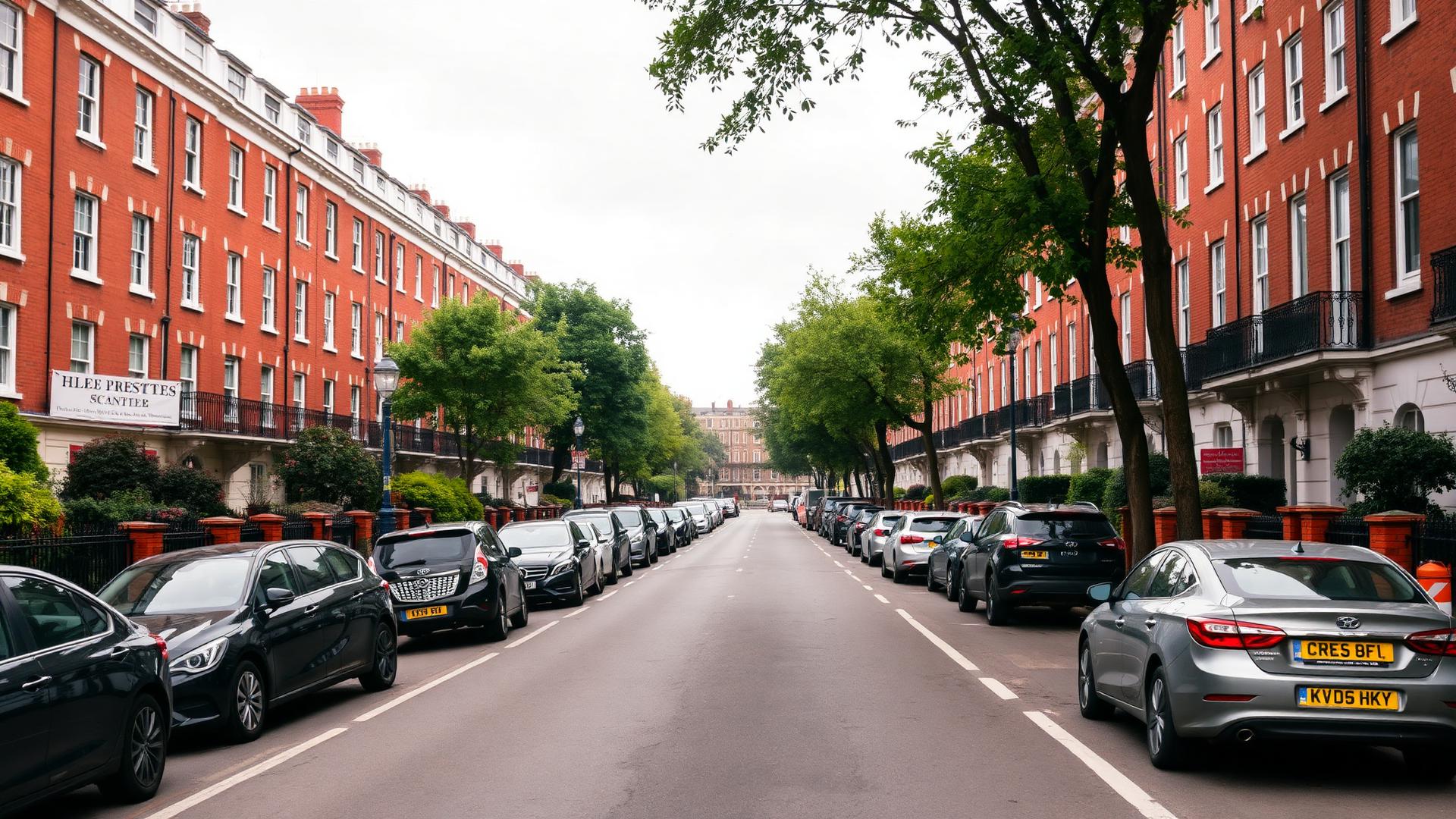 Red-brick mansion blocks and cars in residents' bays on a Hammersmith W6 street