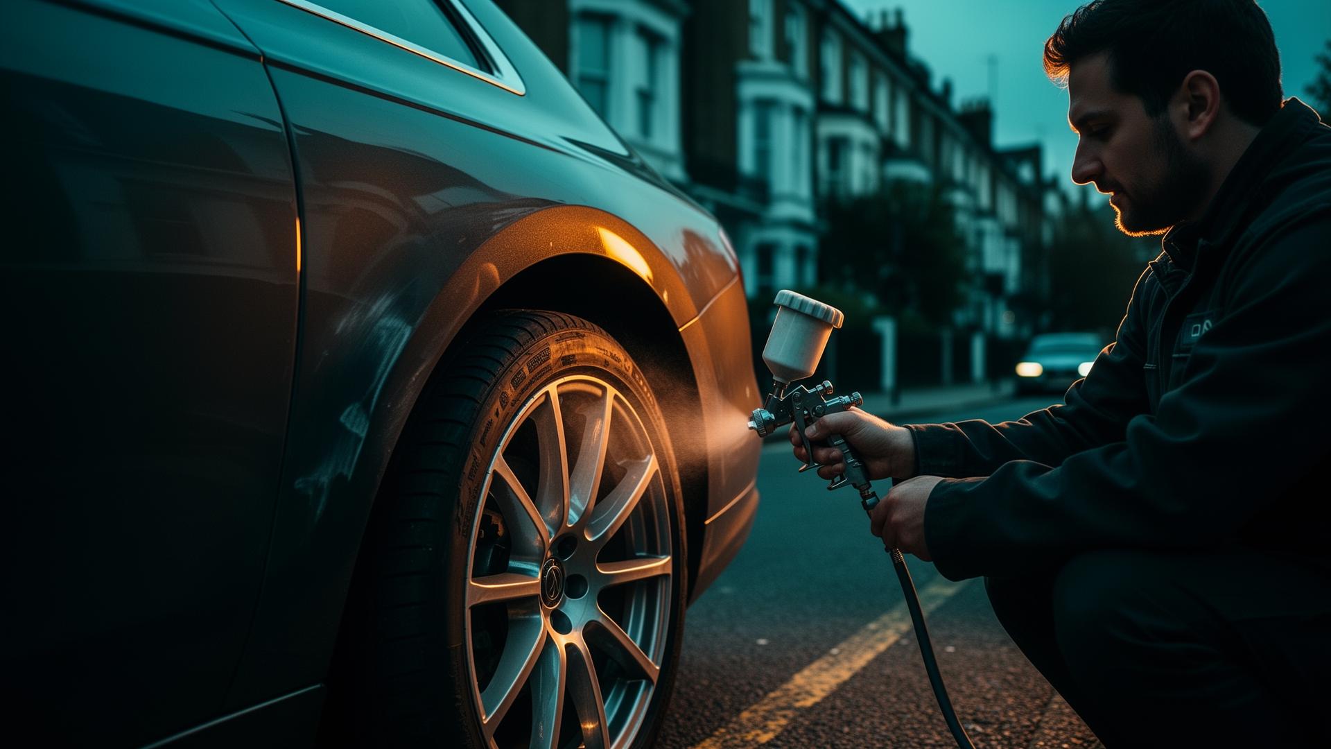 Mobile SMART repair technician colour-matching a kerbed alloy wheel at dusk in London