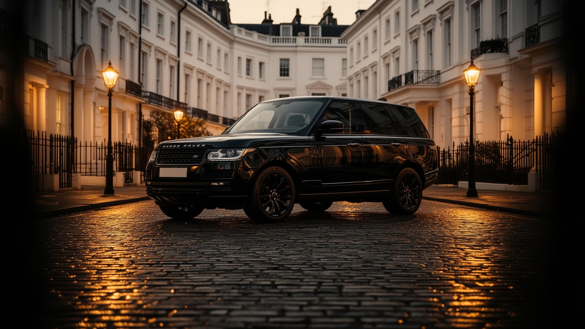 Glossy black luxury SUV parked on a Kensington London street at dusk