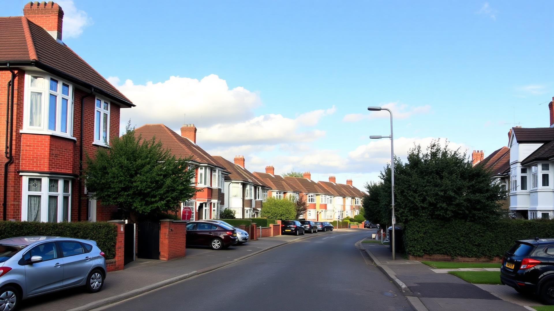 Quiet Isleworth TW7 residential street of 1930s semis with cars on driveways