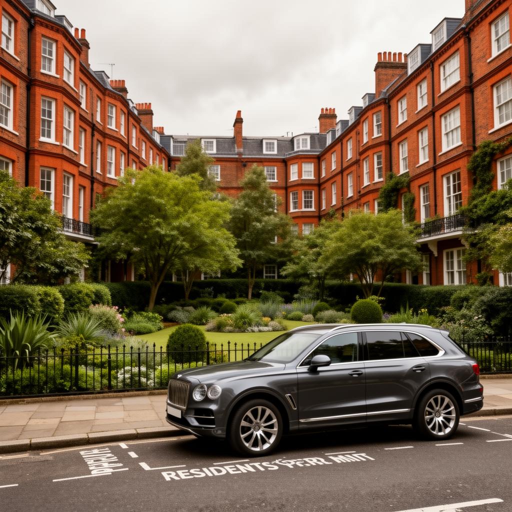 Red-brick Victorian mansion blocks behind a private garden square in Kensington with a luxury SUV parked on a residents' permit street