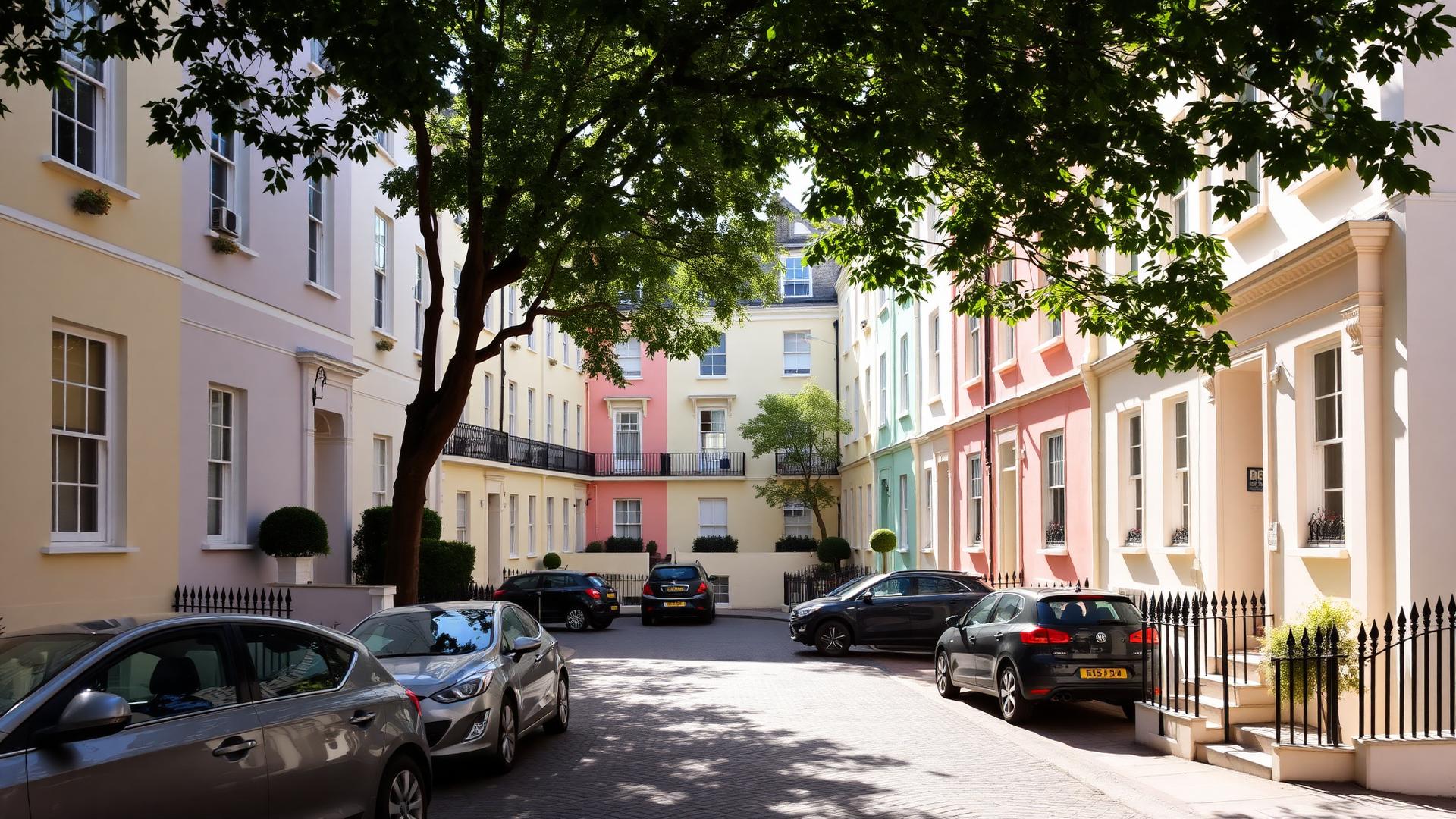 Pastel stucco townhouses on a Notting Hill crescent with cars parked in residents' bays