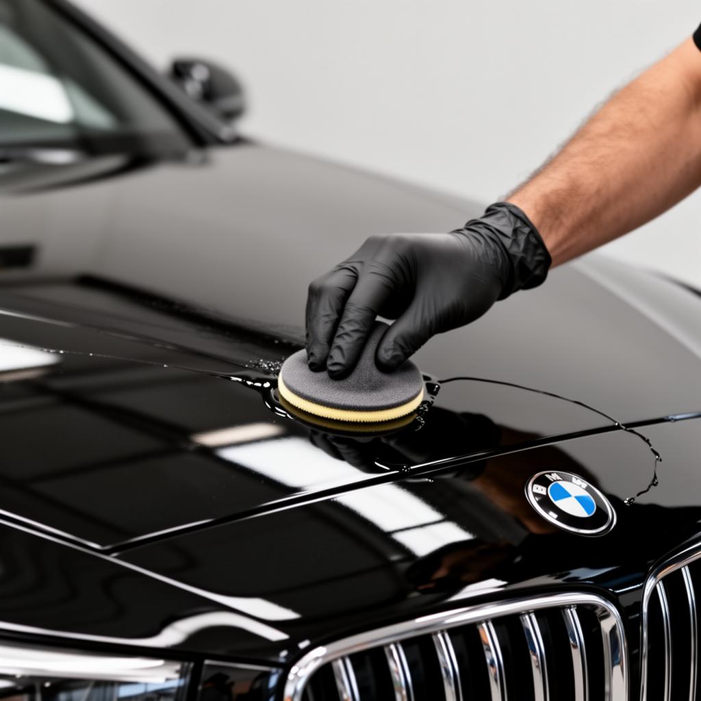 Detailer applying ceramic coating to a glossy black bonnet